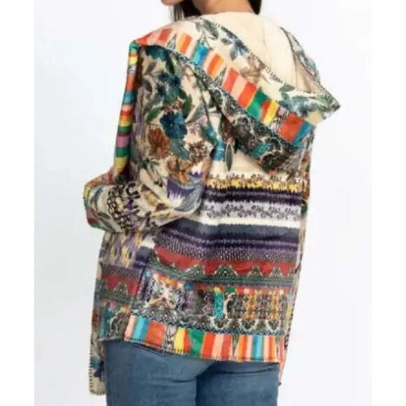 Johnny Was Floral Biya Sherpa Patchwork Hooded Open Waterfall Cardigan Jacket L - Picture 5 of 15